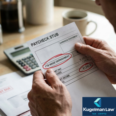 A Fresno taxpayer looking at a paystub showing a severe Franchise Tax Board (FTB) wage garnishment deduction.