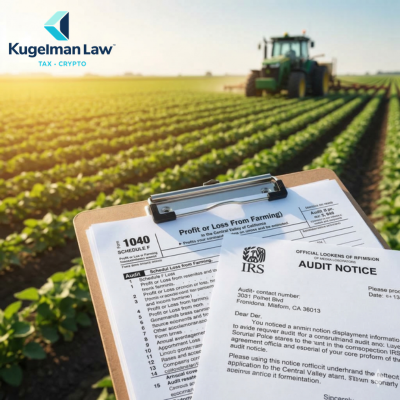 A Fresno farm field serving as the background for an IRS Schedule F tax audit notice, representing agricultural tax defense.