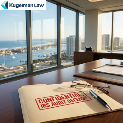 An IRS tax attorney in Orange County reviewing confidential audit defense files to protect a client's wealth.