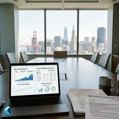 An IRS tax attorney in San Francisco reviewing tech equity and capital gains files for a high-net-worth audit defense.