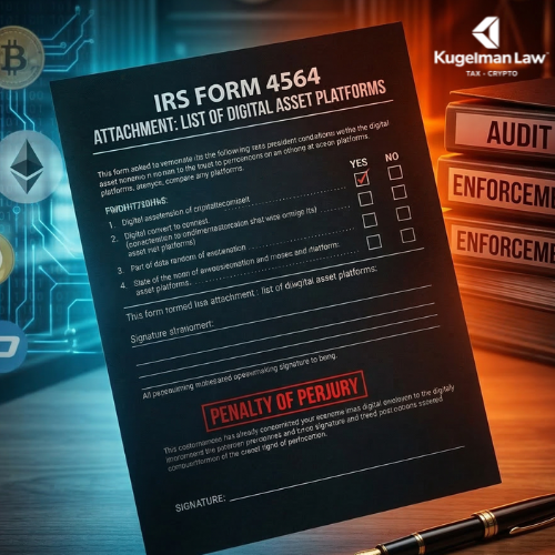 A conceptual image of the IRS Form 4564 attachment titled 'List of Digital Asset Platforms,' marked with a red 'Penalty of Perjury' stamp, symbolizing the dangerous trap facing unrepresented taxpayers in a crypto audit. The background shows futuristic crypto data clashing with 'Enforcement' files.