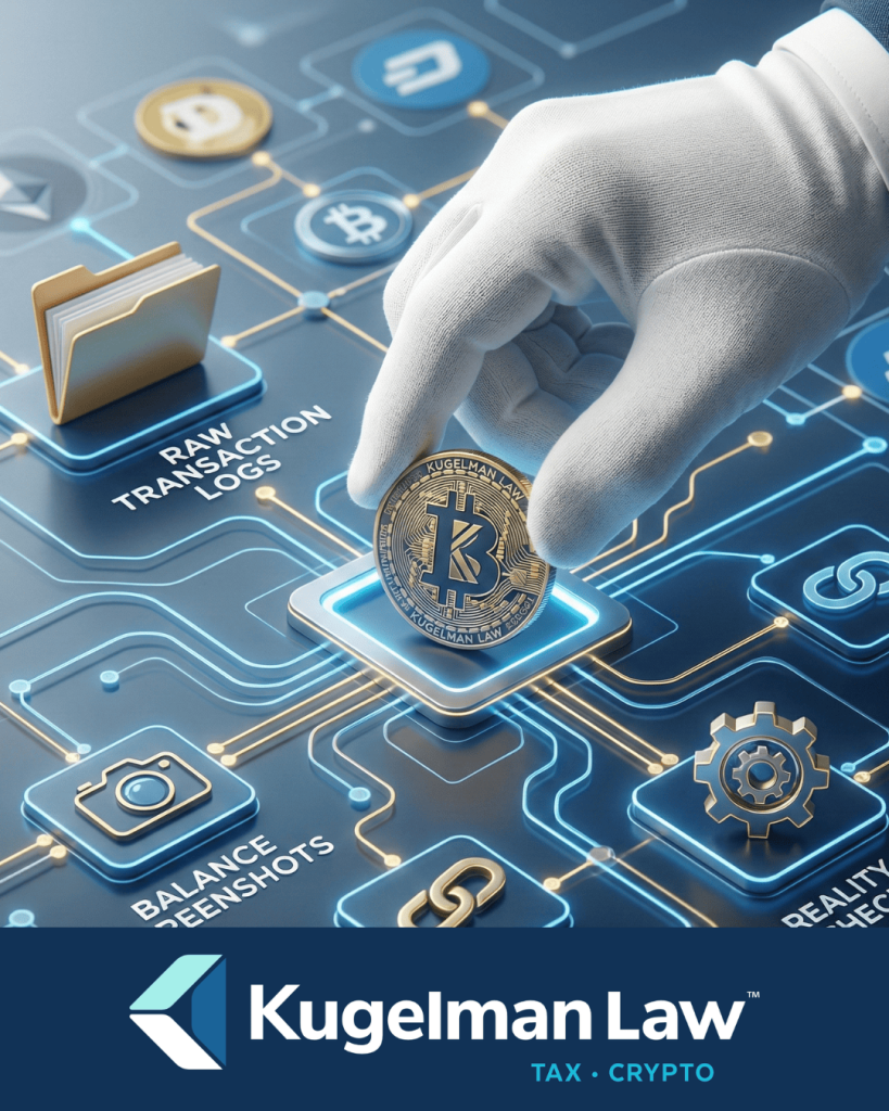 A white-gloved hand representing professional crypto tax accounting services placing a Bitcoin into a digital reconciliation grid featuring steps like raw transaction logs, balance screenshots, matching, and reality checks.